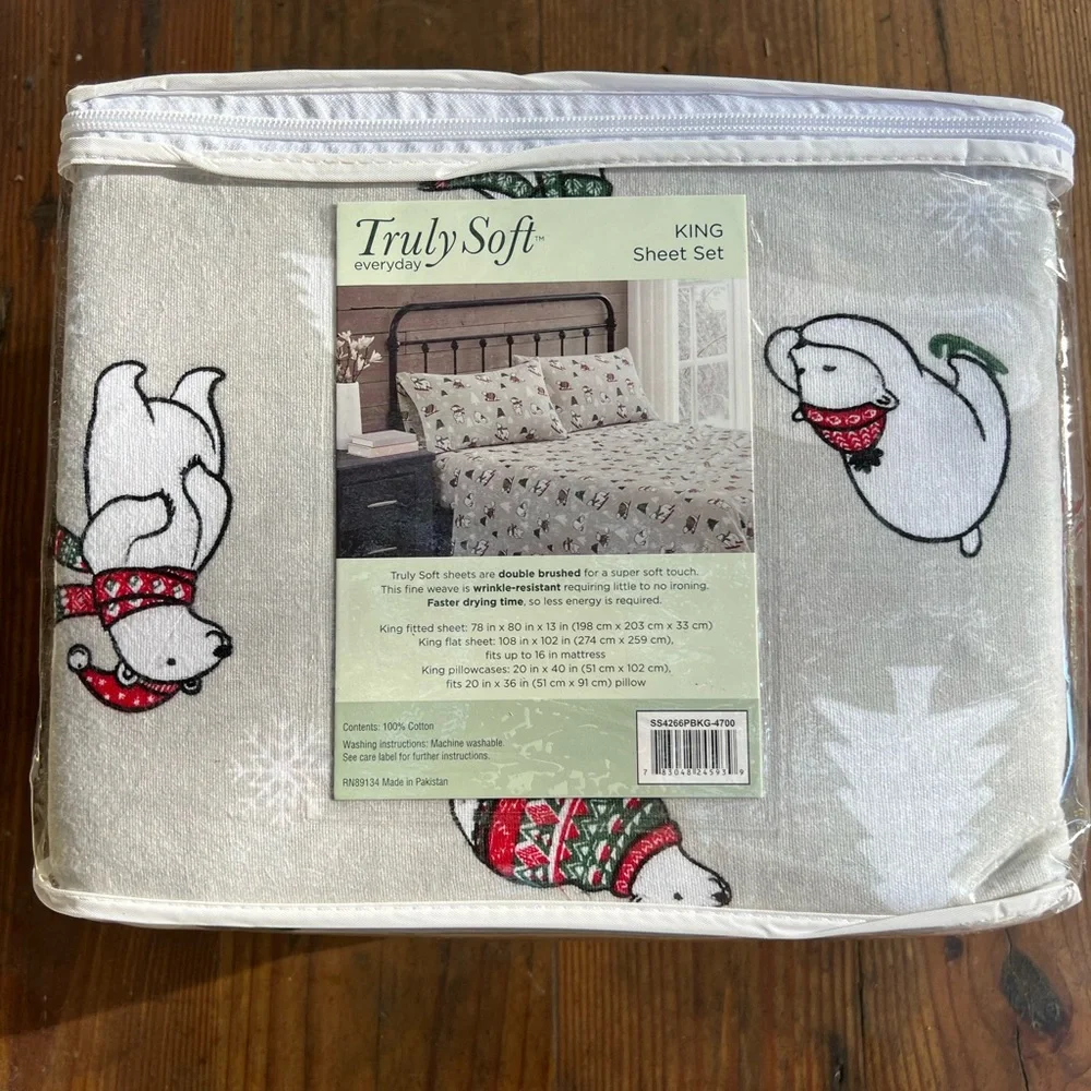 TRULY SOFT Winter Polar Bear Ski Flannel Christmas King Sheet Set NWT NEW